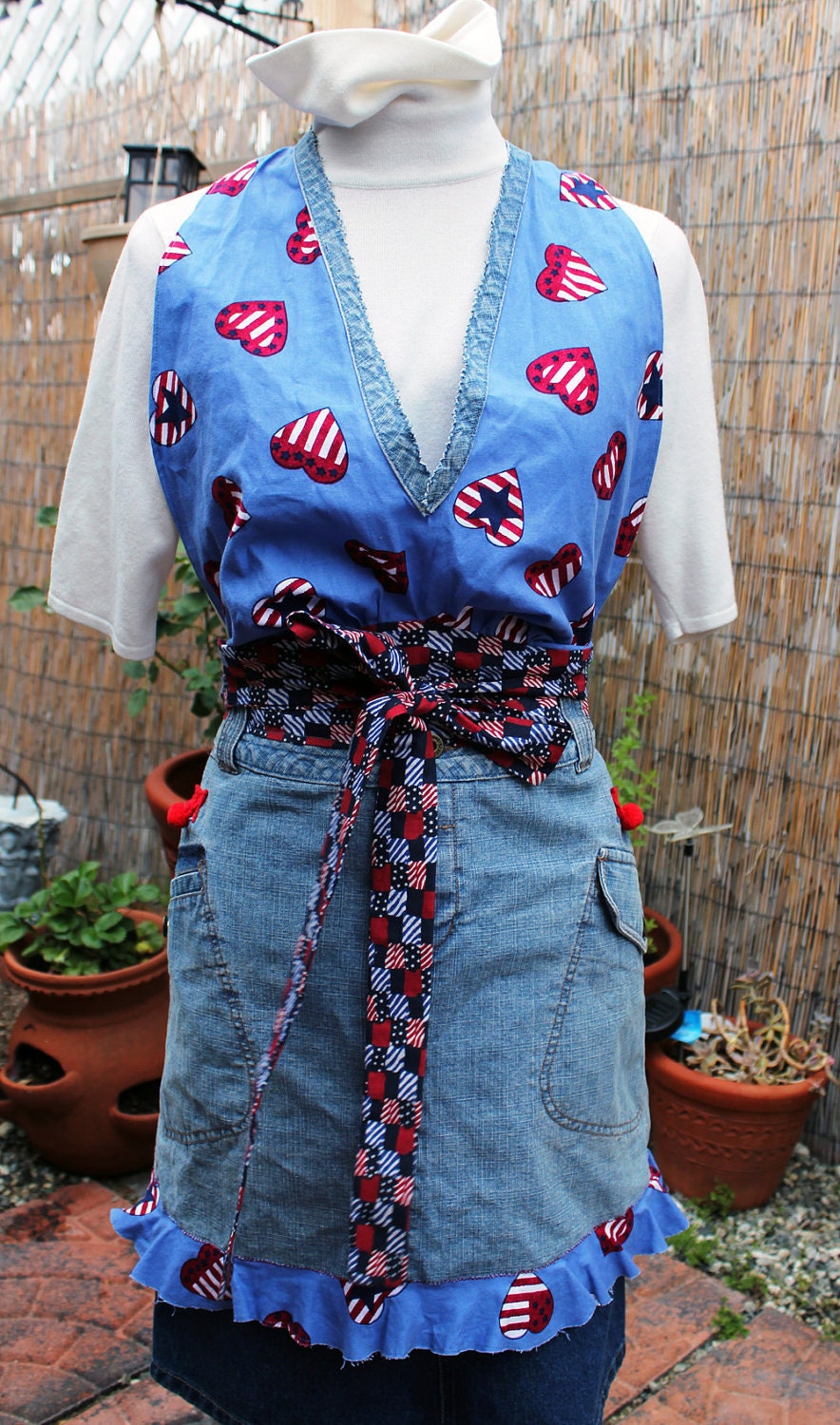 Plus Size Apron, Upcycled Denim, Red White Blue Patriotic - One of a Kind