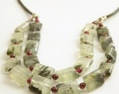 Green tourmaline quartz with red wine garnet on leather cord necklace handmade in Israel