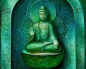 Green Buddha spiritual art poster Zen Buddhist Meditation Buddhism print of painting