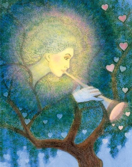 Angel Love spiritual art trumpet Hearts Music green Tree 11x14 matted print of painting