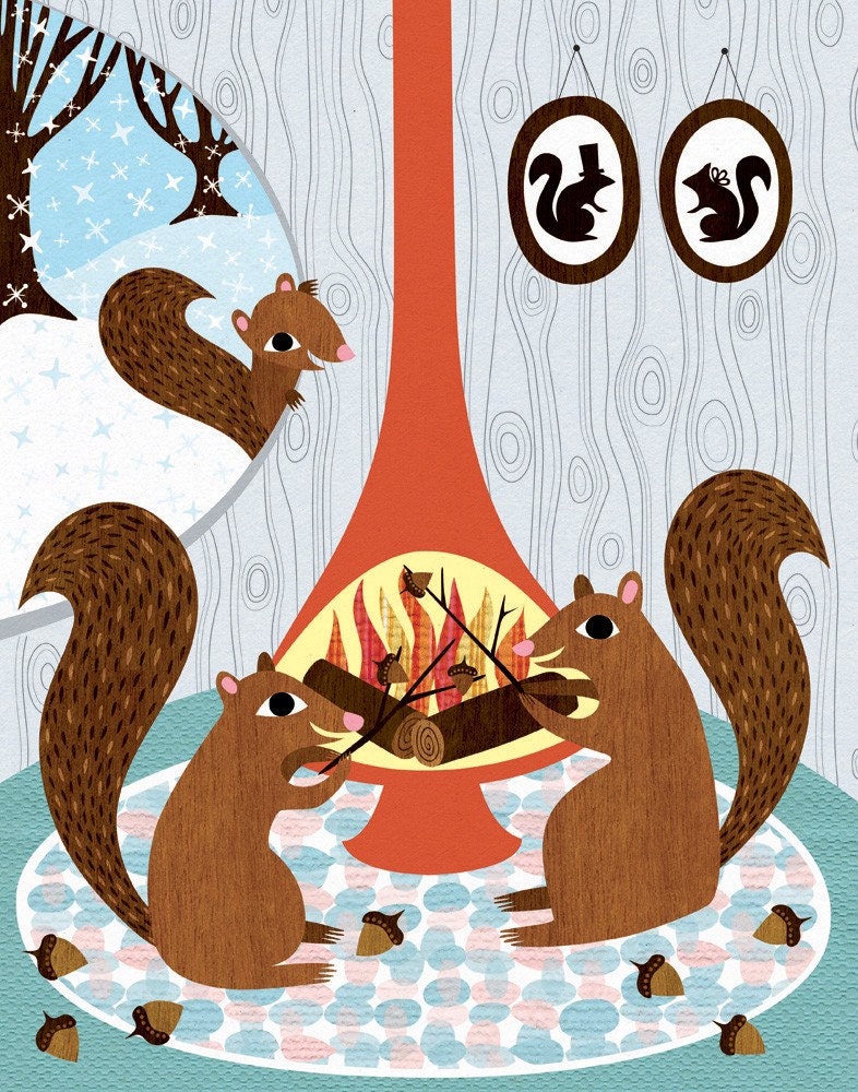 Squirrels Roasting Acorns - Childrens Room Decor - Archival Art Print Poster - Nursery Decor - Winter Squirrel - lisadejohn