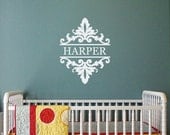 Shabby Chic damask MONOGRAM NAME wall decal, bedroom or baby girl nursery, vinyl lettering sticker (W00937)