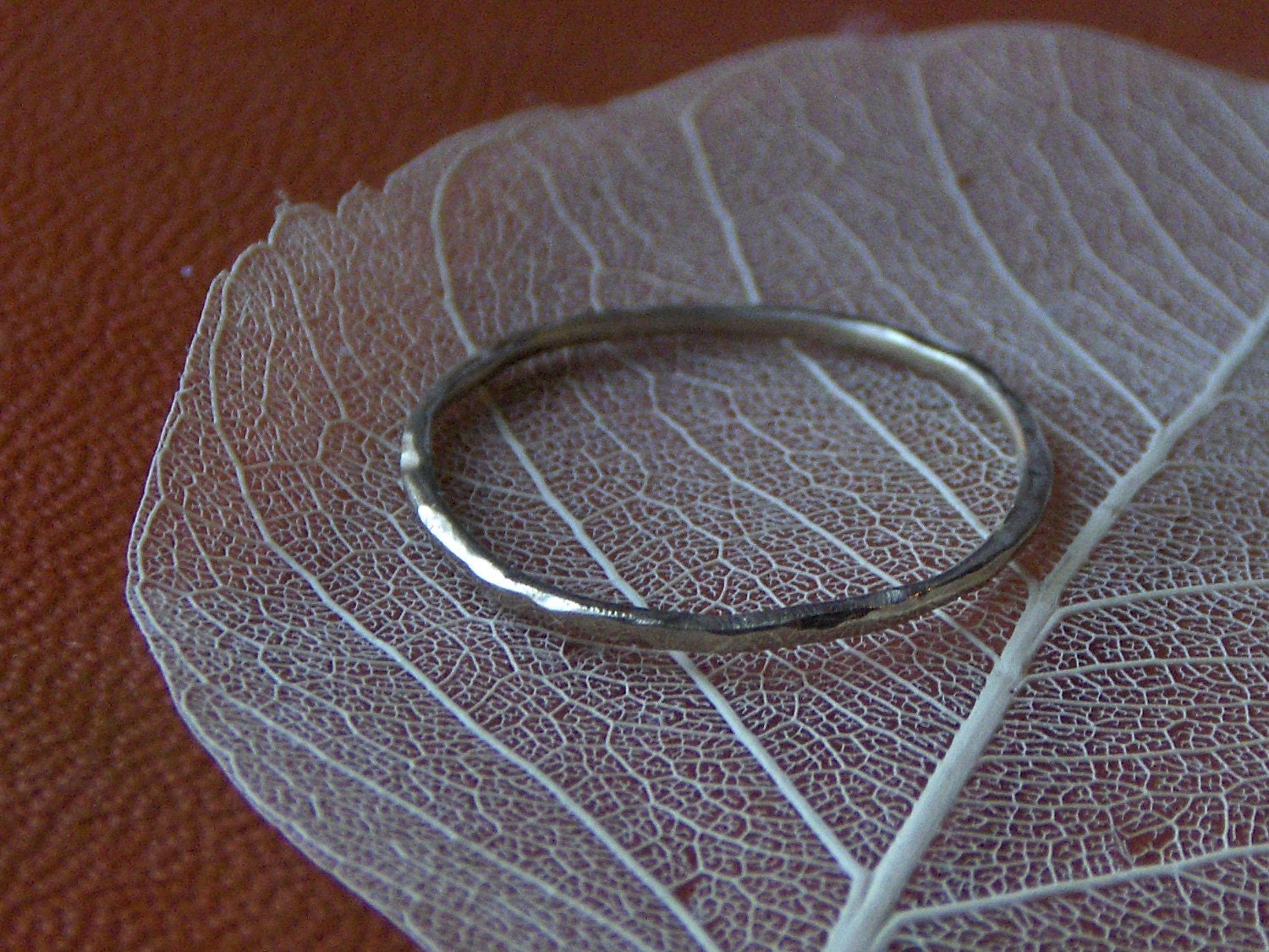 Simple skinny, 10k white gold hammered stacking ring