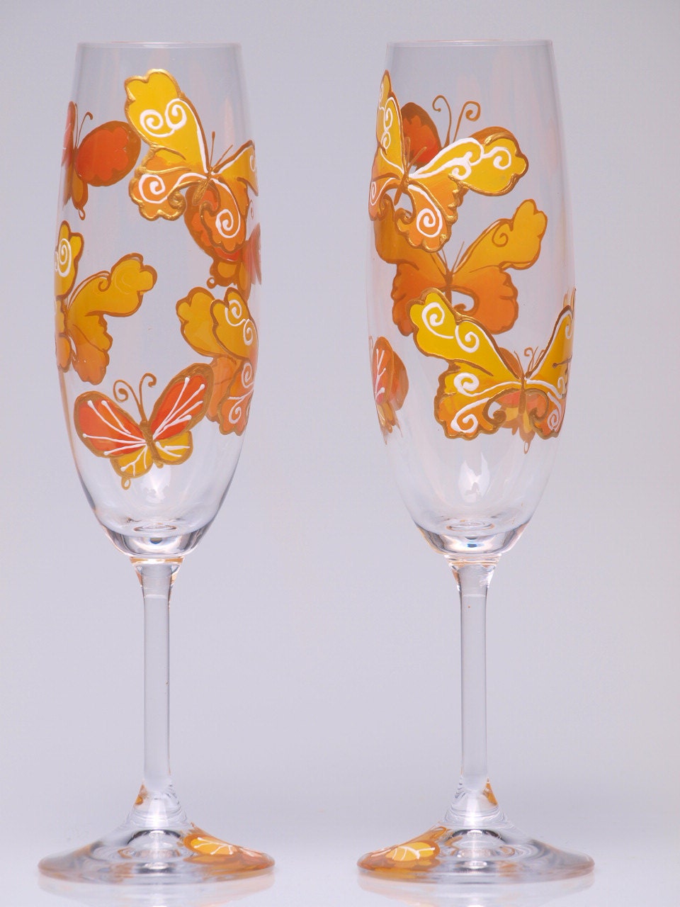 Hand painted Wedding Toasting Flutes Set of 2 Personalized Champagne glasses orange and yellow Butterflies