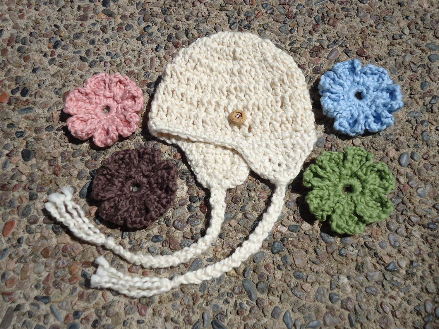 Solid Cream Organic Baby Girl Earflap Hat with Interchangeable Flowers