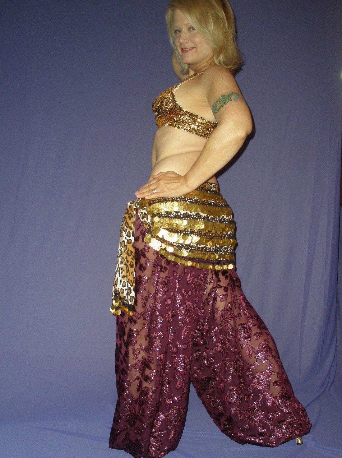 Belly Dance Costume, Tribal, Harem Pants, Burnout Velvet, "Wine Garden"