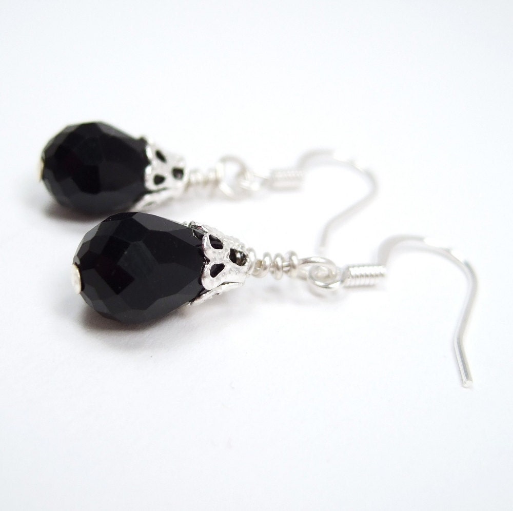 Black Teardrop Crystal Drop Earrings, Black Dangle Earrings with Surgical Steel Ear Wires