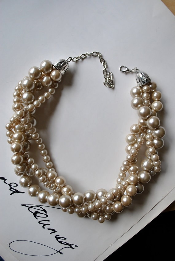Champagne Chunky Pearl-4 Strand- Twisted Statement Necklace