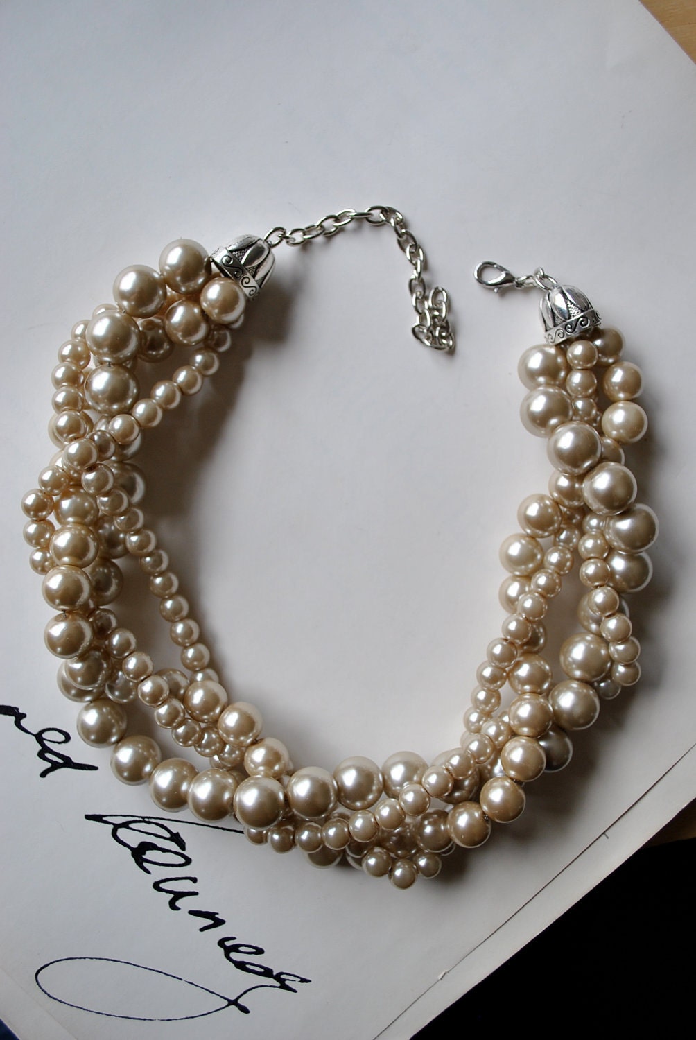 Champagne Chunky Pearl-4 Strand- Twisted Statement Necklace