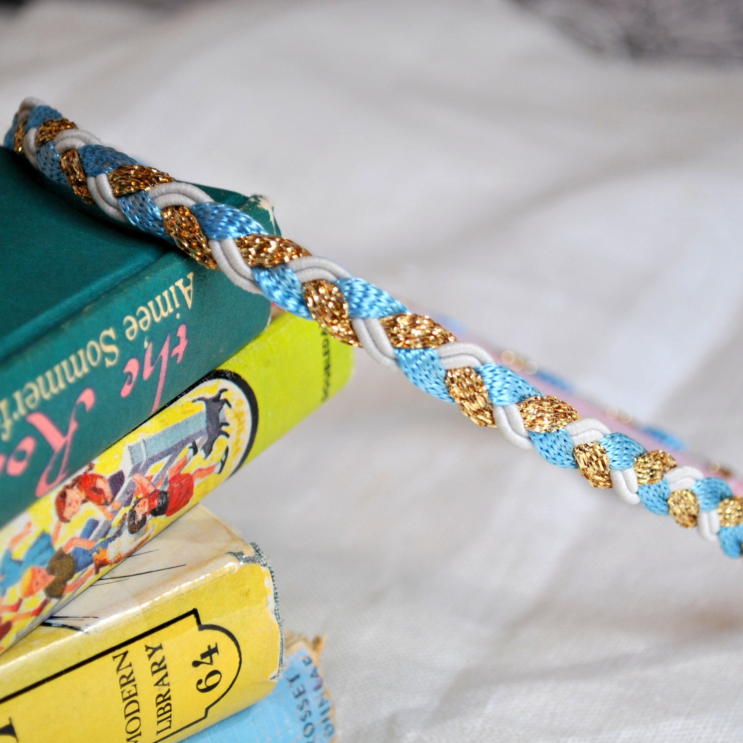 Blue, White and Gold Braided Headband - Vintage Ribbon - Limited Edition