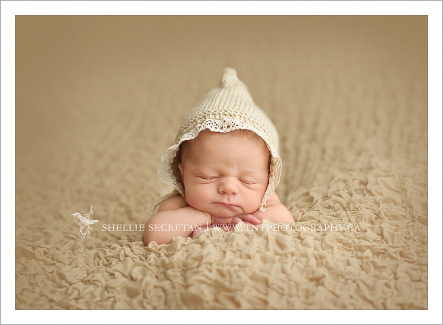 Newborn bonnet/ gnome hat with lace brim. Choose your own color.