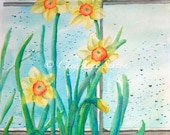 flower art - Rainy Day Daffodil Flowers - yellow springtime flowers - window pane with raindrops original  watercolor 14x21