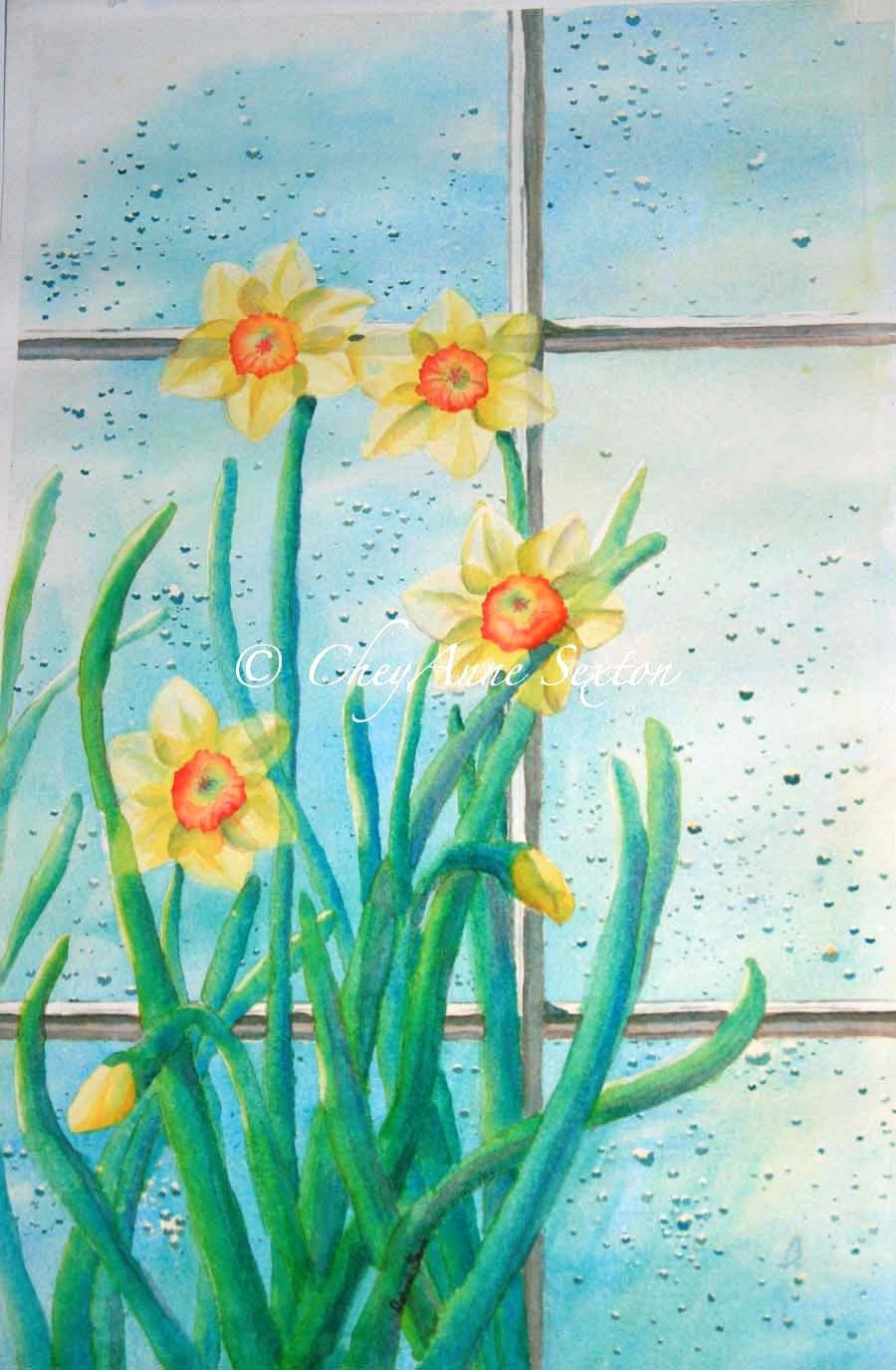 flower art - Rainy Day Daffodil Flowers - yellow springtime flowers - window pane with raindrops original  watercolor 14x21