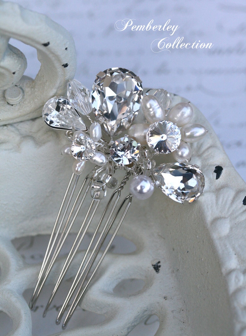Pearl and Rhinestone Bridal Hair Comb, Rhinestone Hair Comb, Tear Drop Crystals