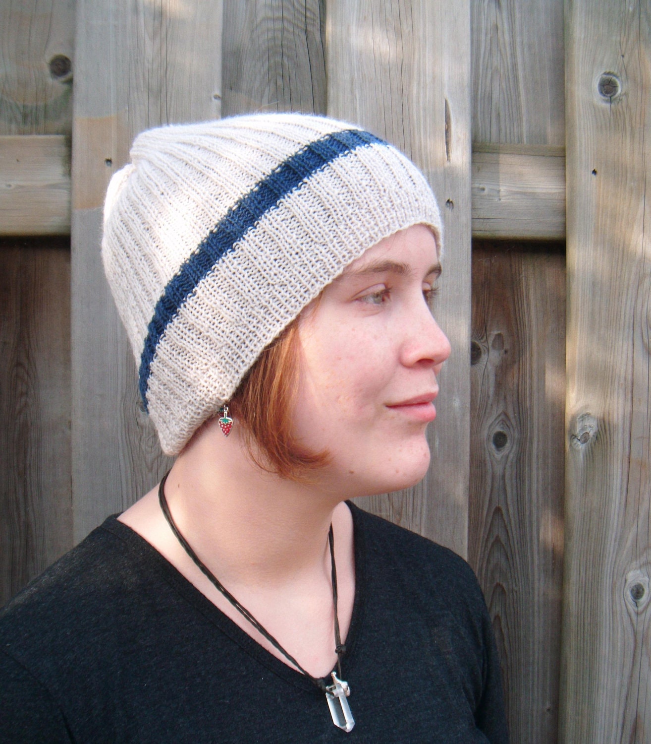 Hand Knit Beanie, Stripe, Men and Women - Off White Ecru Creme and Navy Blue