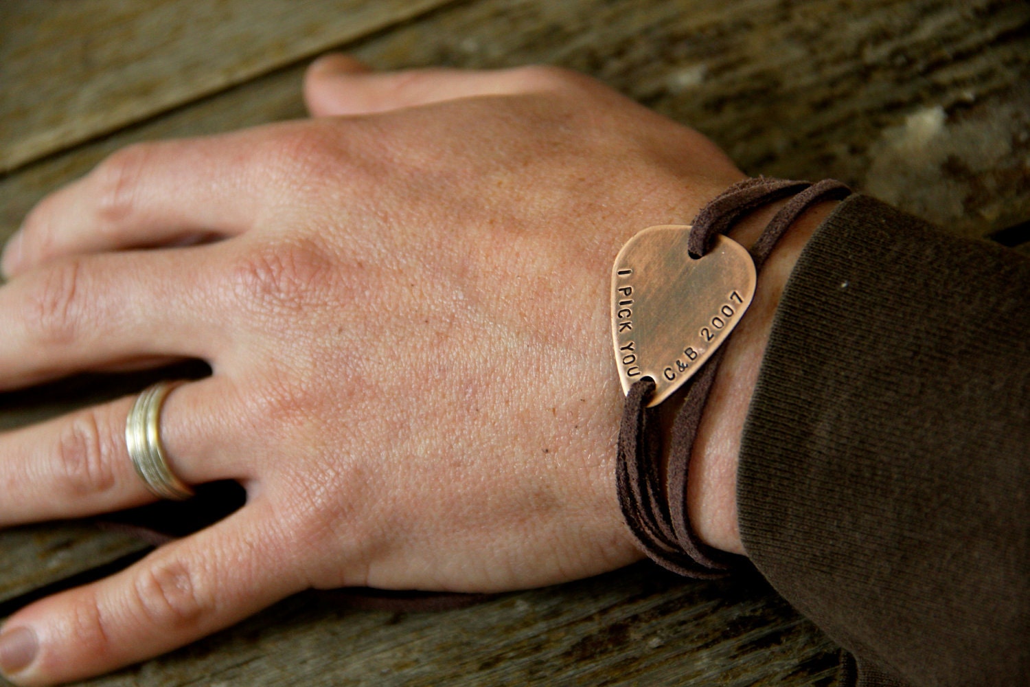 Custom Guitar Pick Wrap Bracelet in Copper and Leather - Personalize for Dad, Husband, or Boyfriend