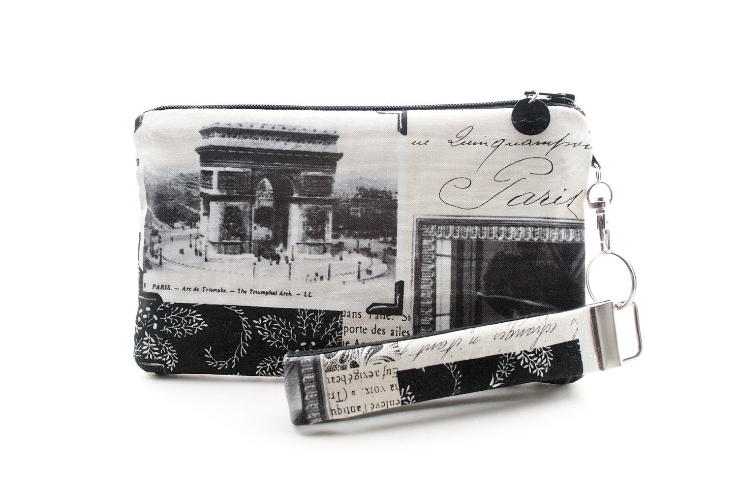 Arc de Triomphe wristlet / Paris clutch / small purse / zipper pouch & detachable key fob gift set for women in modern style photo fabric