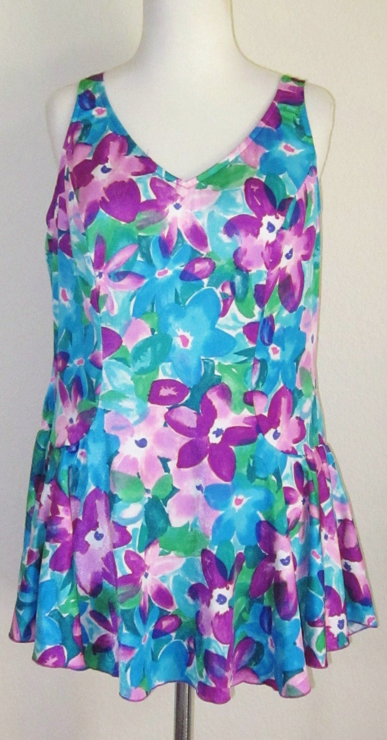 60s One Piece-Skirted Swim-Floral Bathing Suit-XL