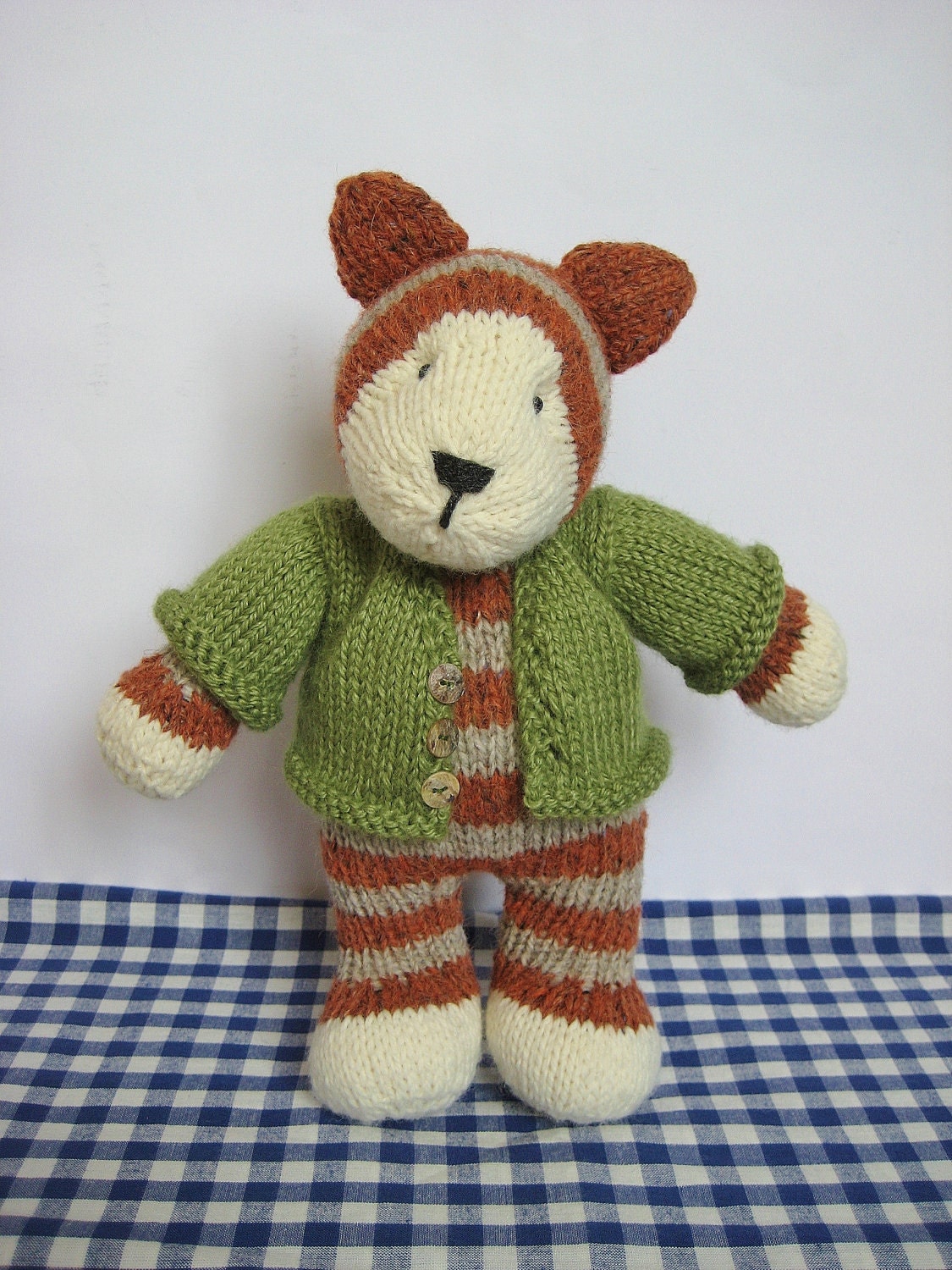 Tabby tiger cat toy knitting pattern - with a cosy cardigan, easy to follow pdf pattern by fluff and fuzz