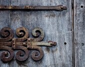 ornamental rusty hinge photography, 12x12 print, wooden doors, architectural detail, blue gray, wood grain, weathered, urban wall decor