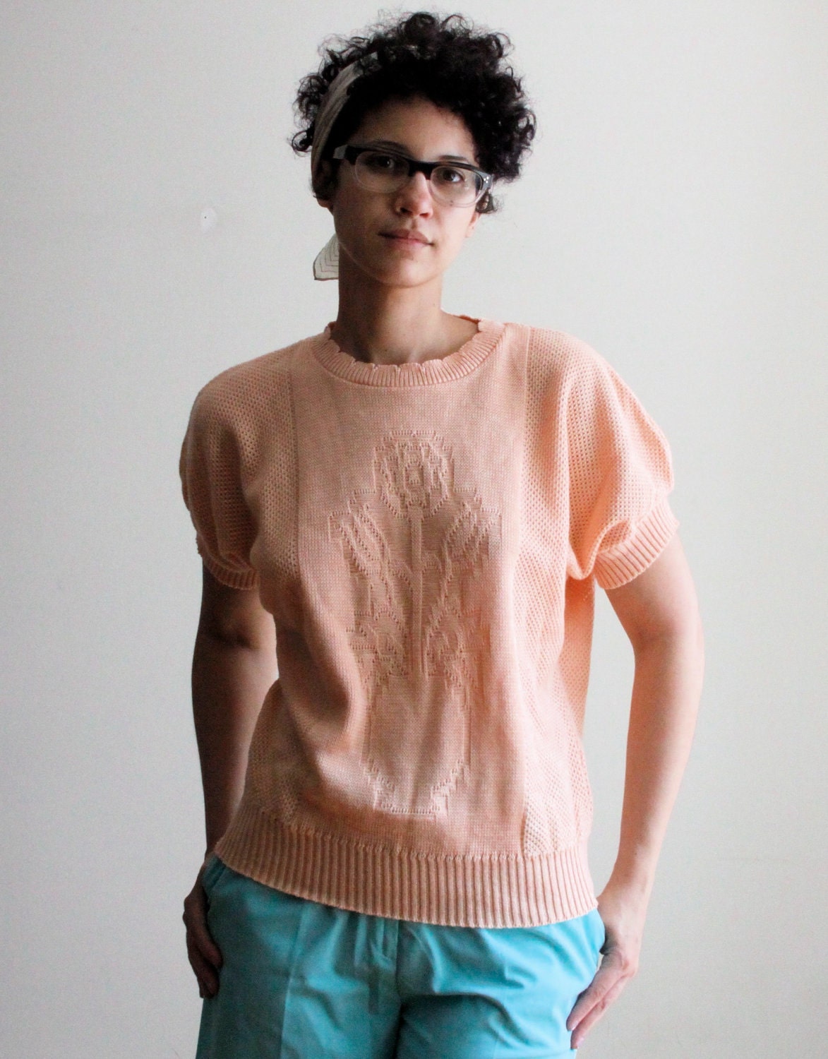1980's peach rose knit top