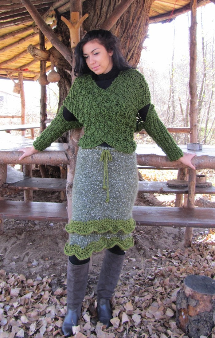 Fairy Knitted Tunic / Skirt in forest green and white