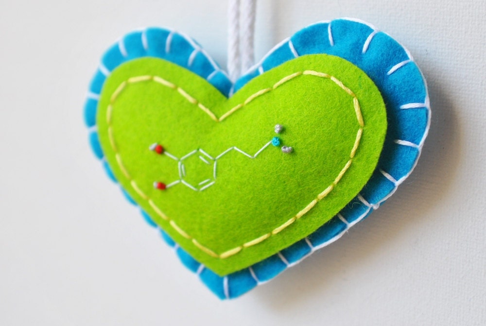 Pleasure Molecule Heart Ornament - Chemistry Dopamine Embroidery - Wool Felt in Turquoise Blue and Lime Green
