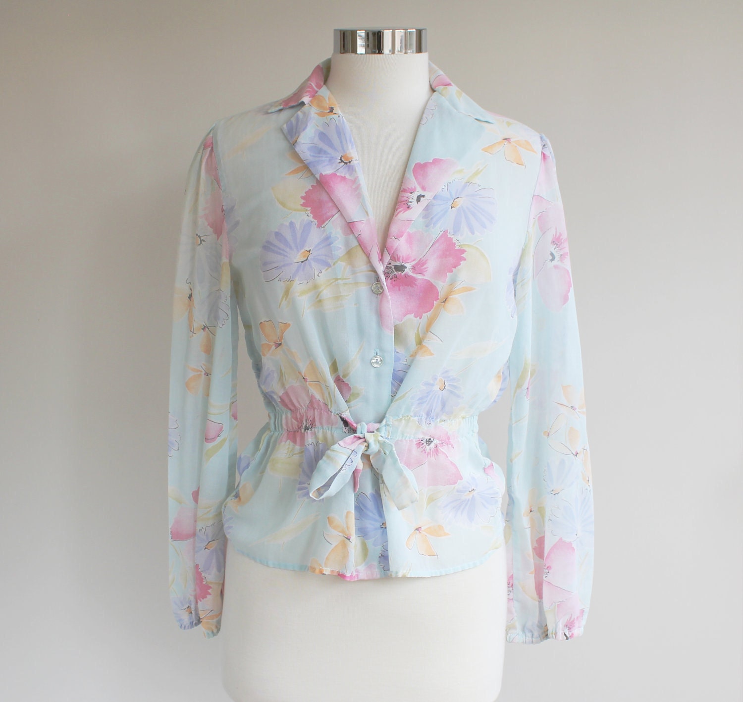 70s vintage sheer floral blouse, pastel, belted - small