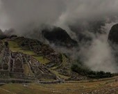 Macchu Pichu Photo, Mist Surrounds the Citadel, Fine Art Photography Print, Panorama Fog World Wonder South American