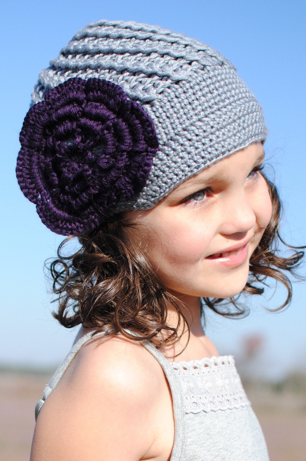 Grey Crocheted Hat with Purple flower, beanie hat, winter hat, adult hat, teen hat, baby hat, newborn hat