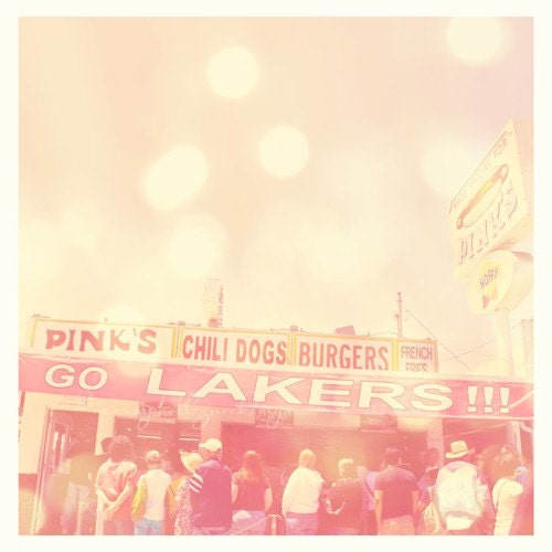 LA photography, Pinks hot dogs photograph, Los Angeles Lakers banner, famous food, dreamy pink city, basketball fans California print 5x5
