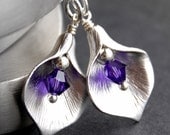 Silver Calla Lily Earrings, Brushed Silver Lily, Purple Swarovski Crystal, Hammered Sterling Silver Earwires, Bridesmaid Custom Color