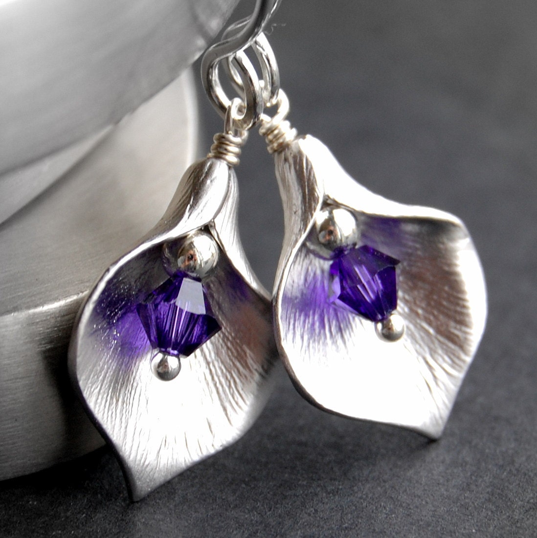 Silver Calla Lily Earrings, Brushed Silver Lily, Purple Swarovski Crystal, Hammered Sterling Silver Earwires, Bridesmaid Custom Color