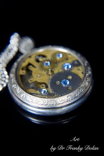 Antique Unveiled Pocket Watch Necklace by Award - Winning Fae Factory Steampunk Chic Eco Artist, Dr Franky Dolan  (Original jewelry art)
