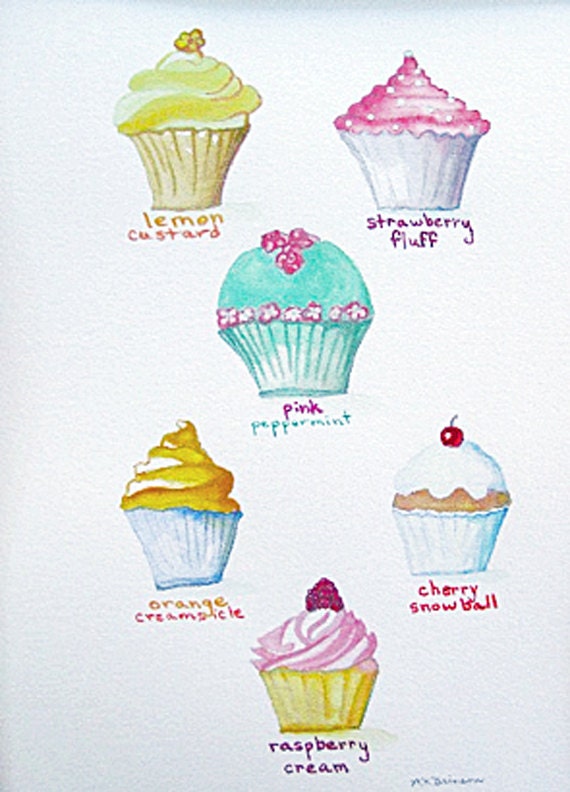 FREE shipping on this ORIGINAL watercolor painting --  "Cupcakes" -- already MATTED in a standard size -- perfect for a kitchen