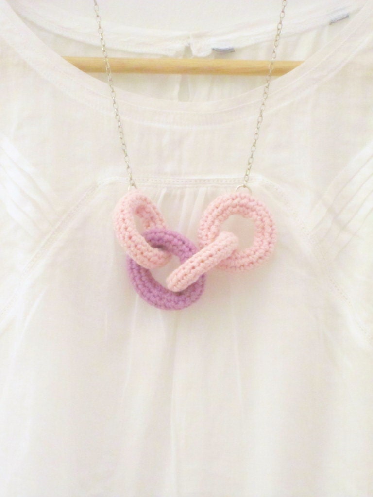 Chain reaction, crochet chain necklace. Pink and lilac cotton yarn