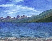 watercolor mountain landscape- Glacier Lake- panorama 4x12 print