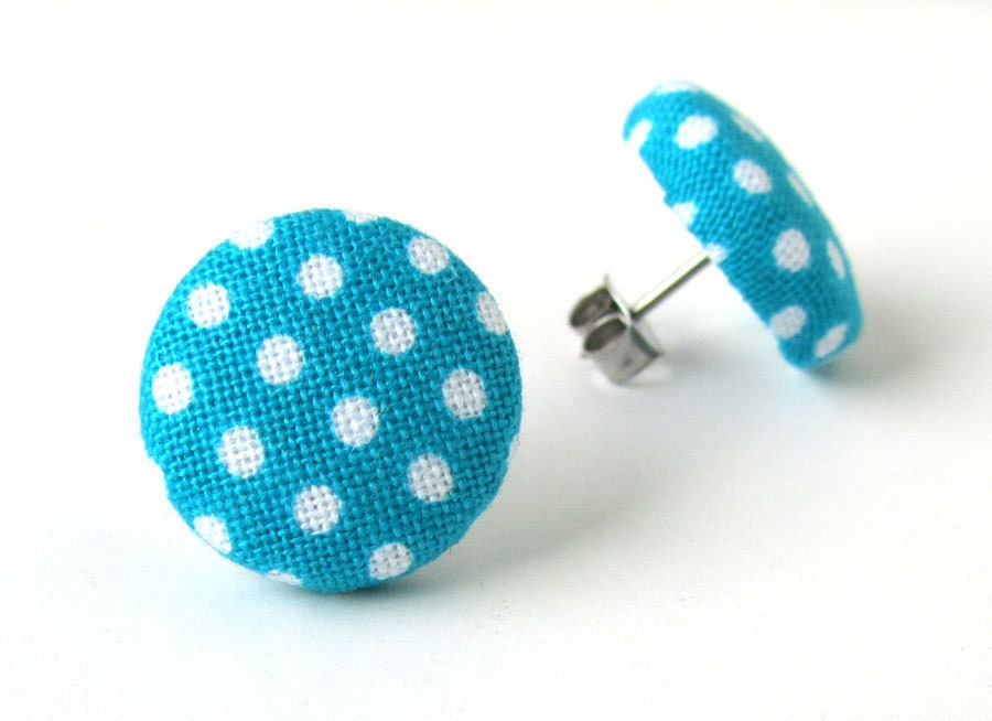 Blue button earrings studs white polka dots turquoise teal spring