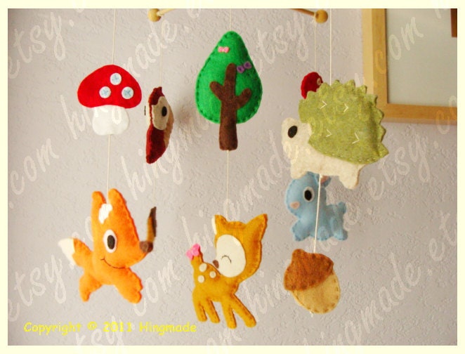 Baby Crib Mobile - Nursery Mobile - Forest Friends - Woodland Friends Bunny, Fox, Deer, Owl, Porcupine design(Custom Color Available)