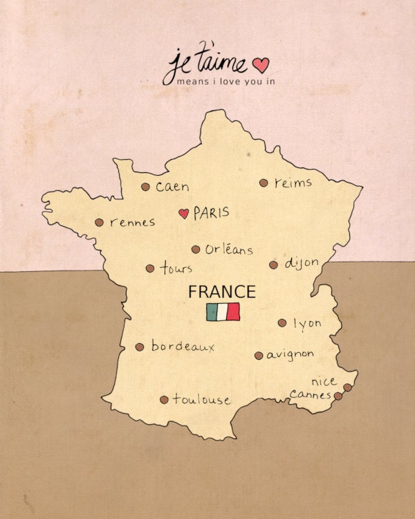 I Love You in France 8x10 / French Map, Typography Poster, Giclee, Modern Baby Girl Pink Nursery Decor, European Travel Theme, Digital Print