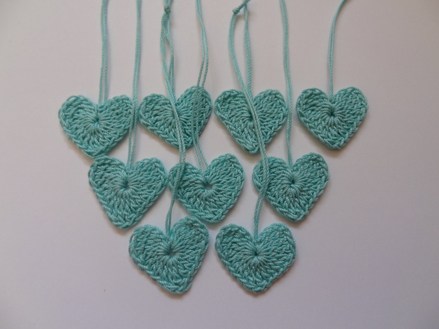 10  Little Tiny Crochet HEARTS in TIFFANY BLUE great for Decorations, Ornaments, Embellishments as Gift Tags - Easter