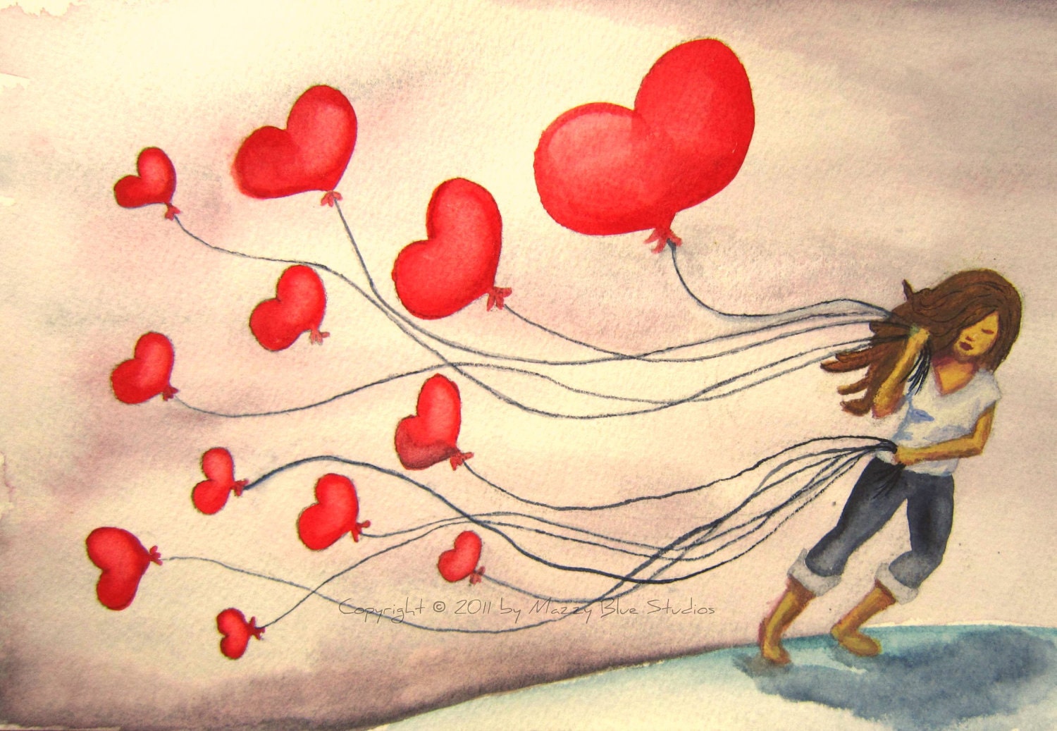 Red Heart Balloon Watercolor Art -- The LOVE We Keep 8x10 -- Whimsical Art Print