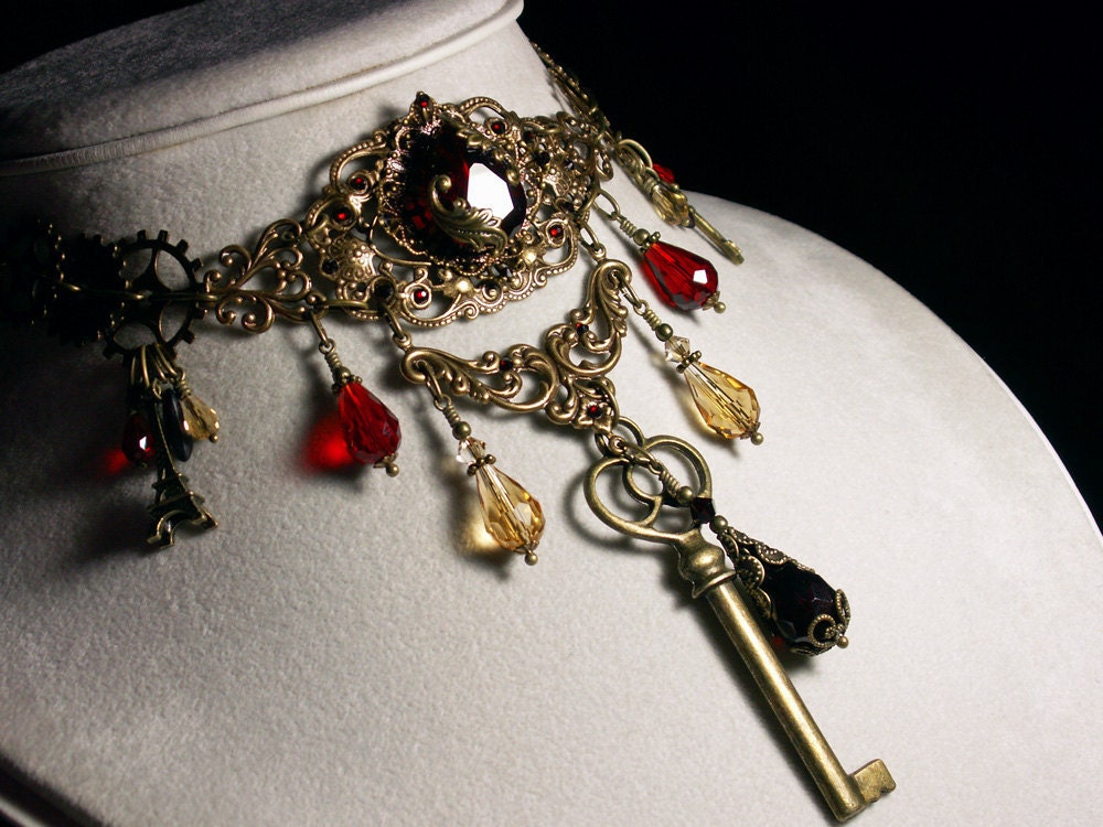 Garnet Ruby Red Crystal Choker Necklace Steampunk Jewelry Antique Vintage Victorian Bridal Style Paris Eiffel Tower