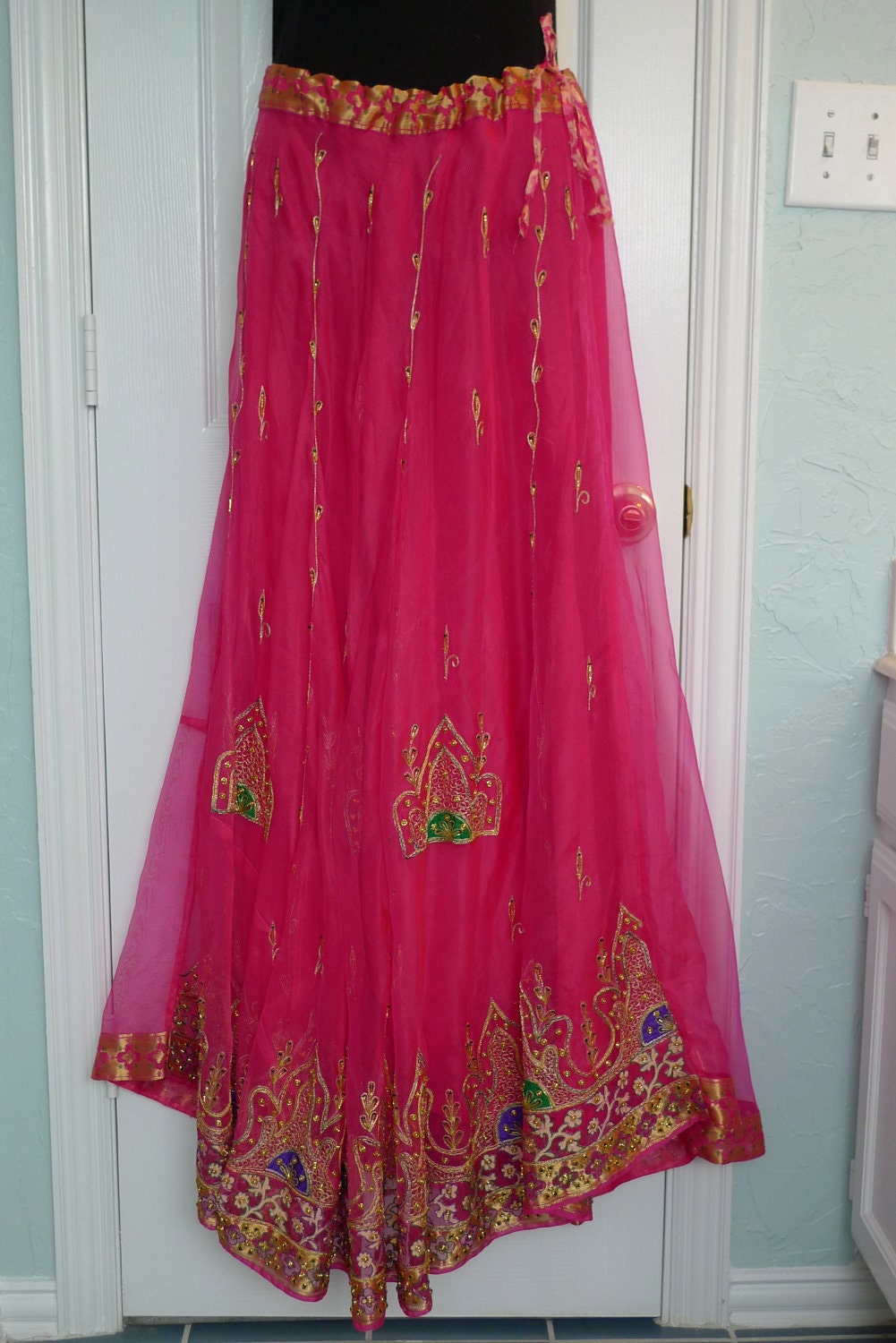 Indian Skirt Diwali Vintage Ladies Pink Gold Sequins Beads Metallic Thread Ribbon Embroidery Festival Of Lights Drawstring FREE Ship Boho