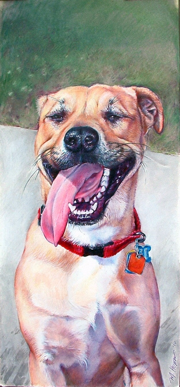Pit-mix, "Hot Dog" Framed Original Painting by Margi Hopkins of Pepper Portraits LLC.