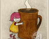 Little Coffee Lover - art print 5x7 post card - cute illustration of girl hugging mug