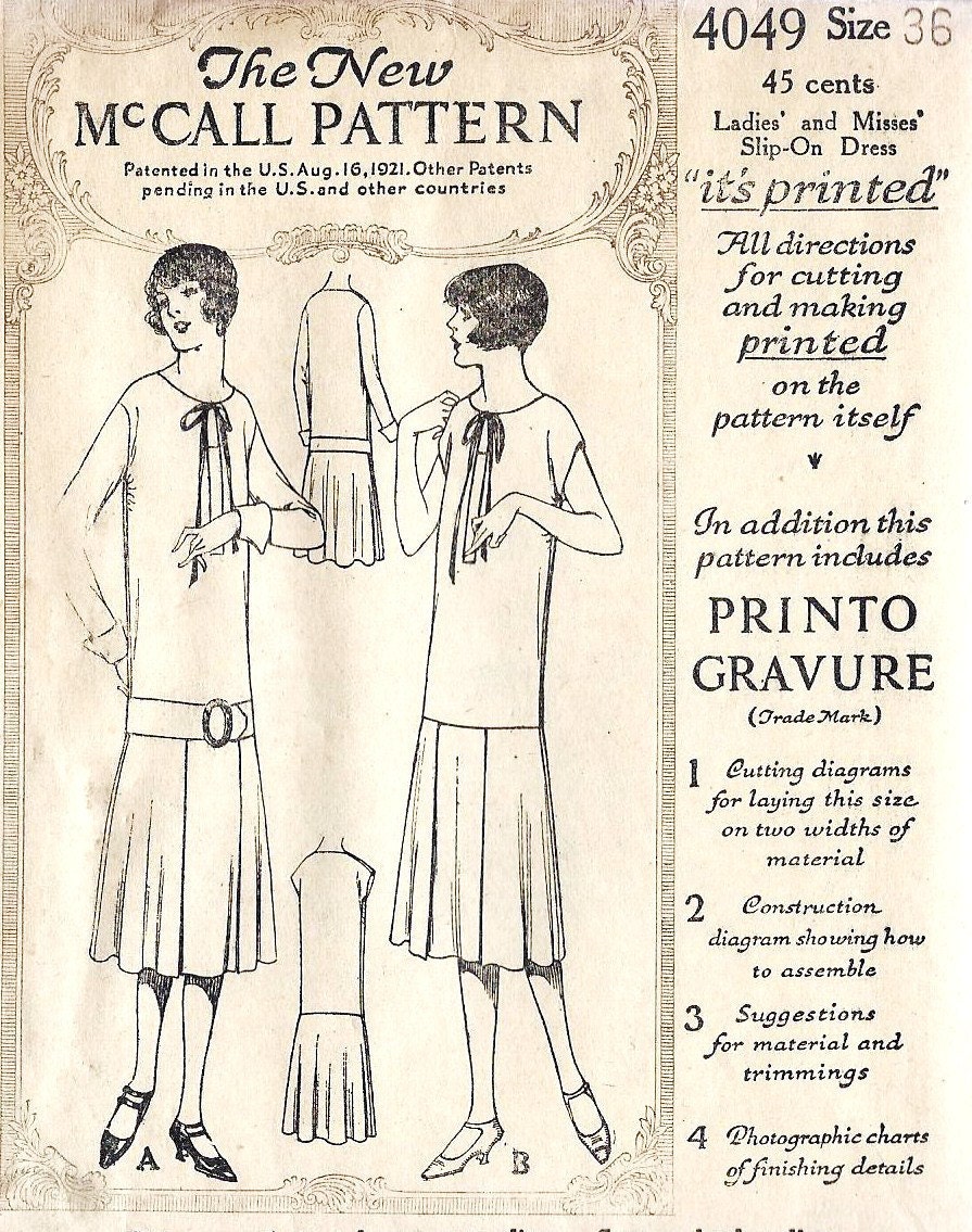 1920s Ladies or Misses Slip On Dress, Flapper Dress, Vintage Sewing Pattern, McCall 4049 bust 36" uncut