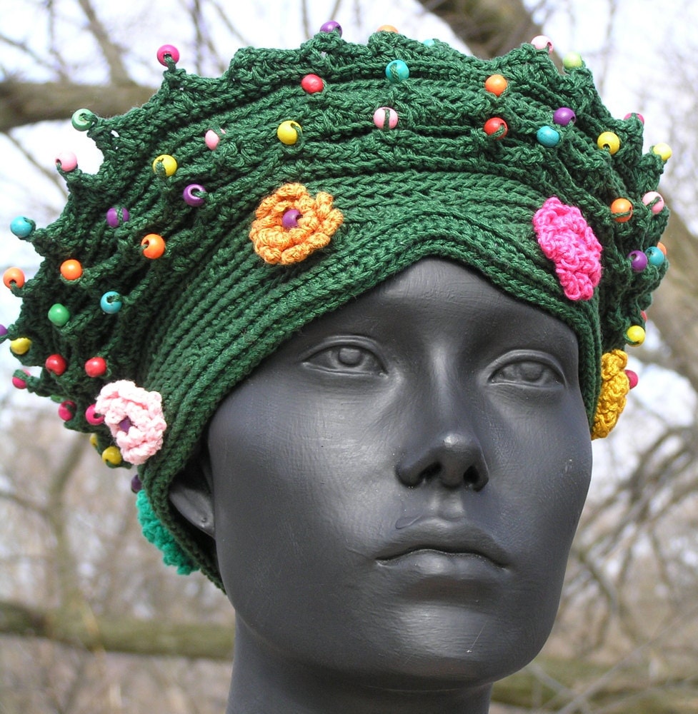 Deep Green Crochet Hat with Colourful Flowers & Wooden Beads...