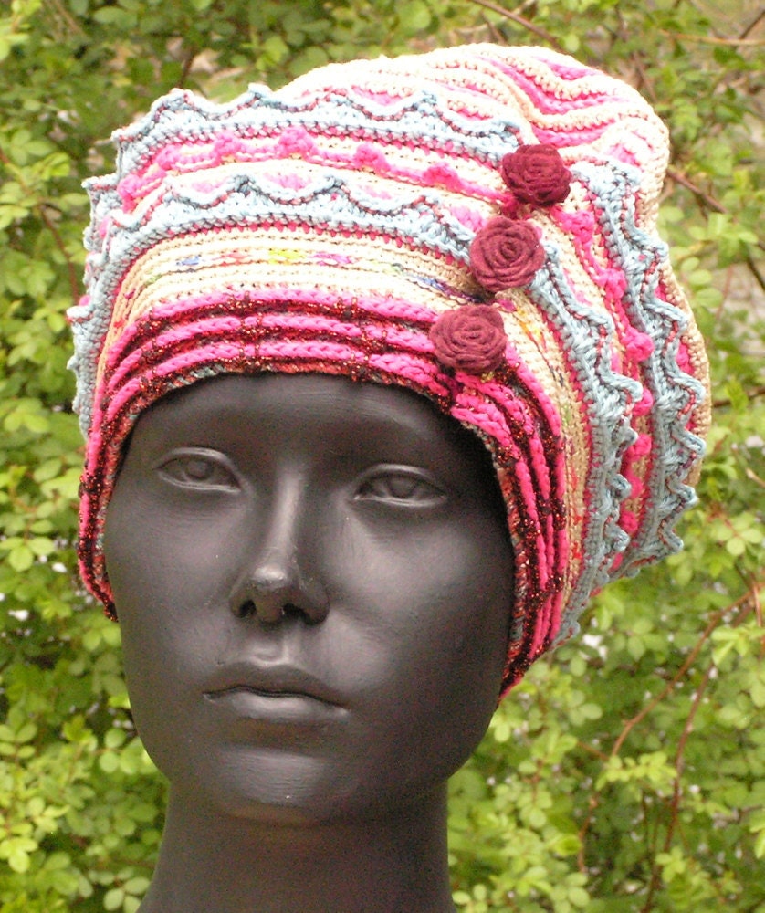 Pinks & Soft Blue with an Offwhite Base Crochet Hat with Three Cute Little Felt Flowers...