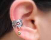 Ear Cuff Sterling Silver Handcrafted  Textured Genuine pearl/Carnelian/Swarovsky Crystal  Cartilage/catchless